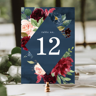 Elegante rosafarbene Burgund und Navy Blumenhochze Tischnummer