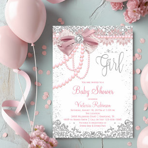 Elegante rosafarbene Diamant-Perlen-Baby-Party Einladung