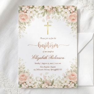 Elegante rosafarbene Floral Goldkreuz-Taufe Einladung