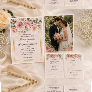 Elegante rosafarbene Floral-Hochzeitseinladung mit Einladung