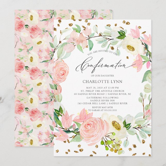 Elegante, rosafarbene, florale Bestätigung Einladung (Vorne/Hinten)