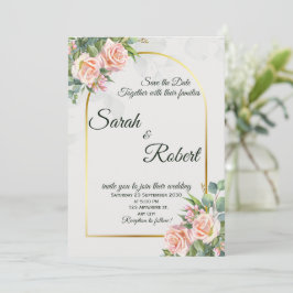 Elegante rosafarbene florale goldene Bogen-Hochzei Einladung