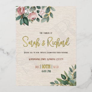 Elegante rosafarbene florale Monogramm-Hochzeit Folie Einladungspostkarte