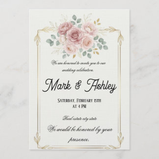 Elegante rosafarbene Rose- und Goldrahmen-Hochzeit Einladung