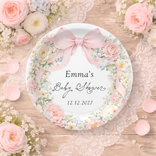 Elegante rosafarbene Schleife Florale Babyparty Pappteller
