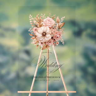 Elegante rosafarbene und goldene florale Hochzeits Acrylschild