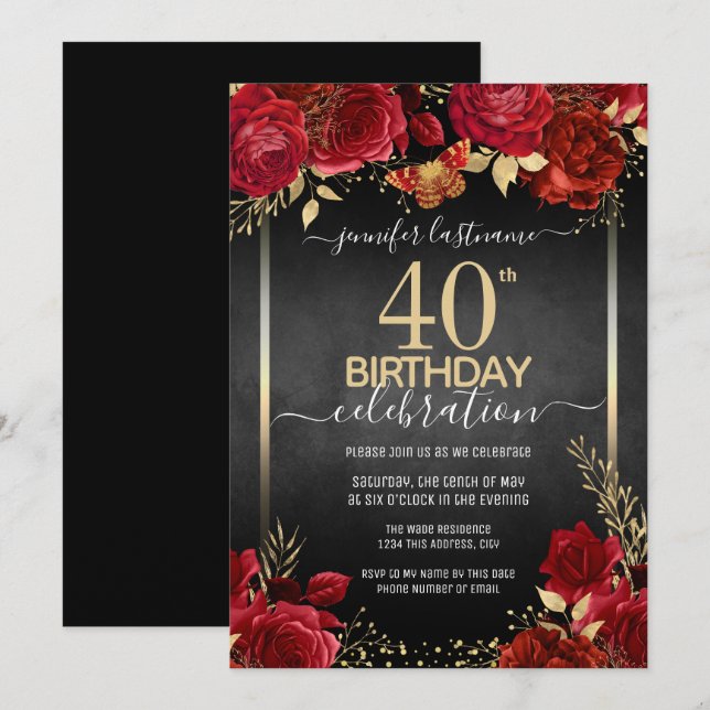 Elegante Rose 40. Geburtstag Einladung (Vorne/Hinten)