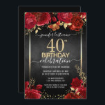 Elegante Rose 40. Geburtstag Einladung<br><div class="desc">Elegante Imitate goldene Konfetti-Highlights an der oberen und unteren Grenze. Helle tiefe rote Rosen mit goldenen Blumenakzenten. Alle Texte sind individuell einstellbar und lassen sich für Ihr eigenes Party leicht ändern. Großes elegantes Geburtstagsgeschmacksdesign.</div>