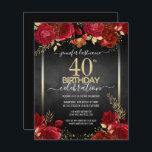 Elegante Rose 40. Geburtstag Einladung<br><div class="desc">Elegante Imitate goldene Konfetti-Highlights an der oberen und unteren Grenze. Helle tiefe rote Rosen mit goldenen Blumenakzenten. Alle Texte sind individuell einstellbar und lassen sich für Ihr eigenes Party leicht ändern. Großes elegantes Geburtstagsgeschmacksdesign.</div>