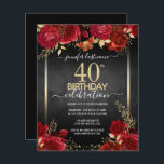 Elegante Rose 40. Geburtstag Einladung<br><div class="desc">Elegante Imitate goldene Konfetti-Highlights an der oberen und unteren Grenze. Helle tiefe rote Rosen mit goldenen Blumenakzenten. Alle Texte sind individuell einstellbar und lassen sich für Ihr eigenes Party leicht ändern. Großes elegantes Geburtstagsgeschmacksdesign.</div>