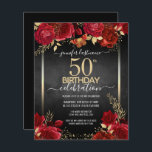 Elegante Rose 50. Geburtstag Einladung<br><div class="desc">Elegante Imitate goldene Konfetti-Highlights an der oberen und unteren Grenze. Helle tiefe rote Rosen mit goldenen Blumenakzenten. Alle Texte sind individuell einstellbar und lassen sich für Ihr eigenes Party leicht ändern. Großes elegantes Geburtstagsgeschmacksdesign.</div>