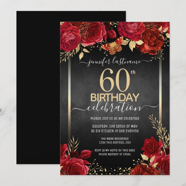 Elegante Rose 60. Geburtstag Einladung (Vorne/Hinten)