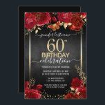 Elegante Rose 60. Geburtstag Einladung<br><div class="desc">Elegante Imitate goldene Konfetti-Highlights an der oberen und unteren Grenze. Helle tiefe rote Rosen mit goldenen Blumenakzenten. Alle Texte sind individuell einstellbar und lassen sich für Ihr eigenes Party leicht ändern. Großes elegantes Geburtstagsgeschmacksdesign. Elegante moderne stilvolle Typografie</div>
