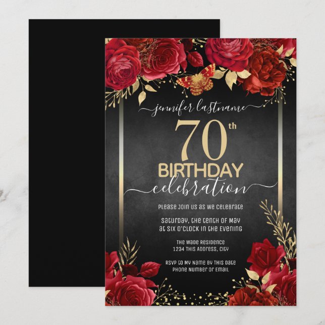 Elegante Rose 70. Geburtstag Einladung (Vorne/Hinten)