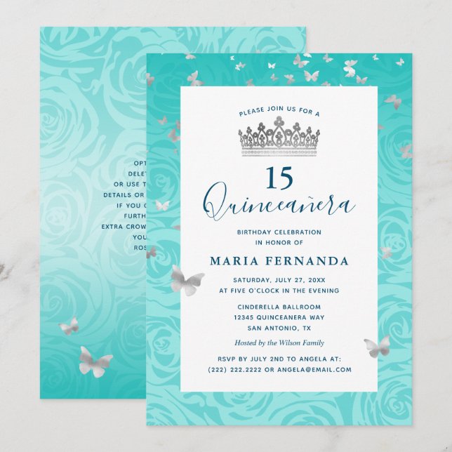Elegante Rose Aquamarin Silver Crown Floral Quince Einladung (Vorne/Hinten)