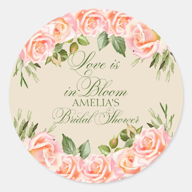 Elegante Rose Aquarell Blumenbeete Brautparty Runder Aufkleber (Vorderseite)