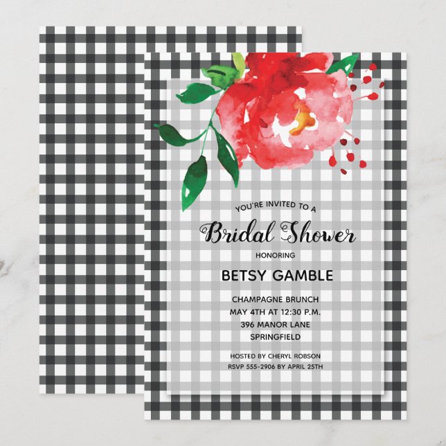Elegante Rose auf Gingham Brautparty Einladung (Vorne/Hinten)