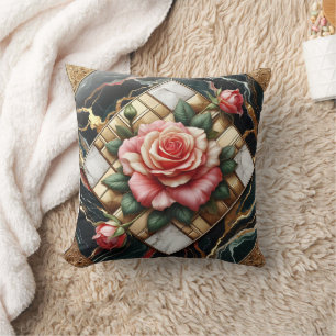 Elegante Rose auf Marmor- und Gold-Hintergrund Kissen