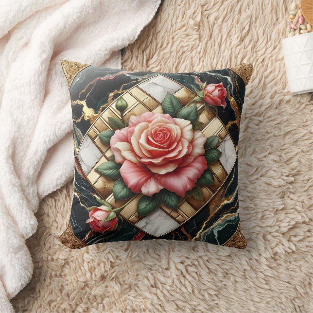 Elegante Rose auf Marmor- und Gold-Hintergrund Kissen (Decke)