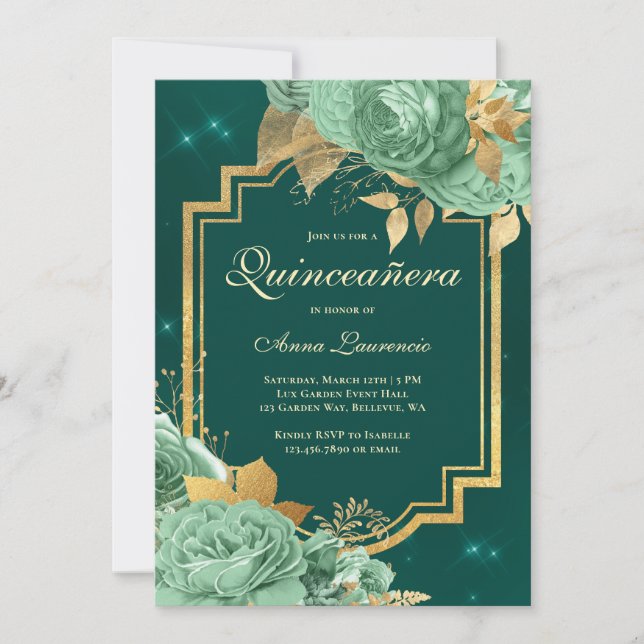 Elegante Rose aus der Blüte feiern Grüne Goldene Q Einladung (Vorderseite)