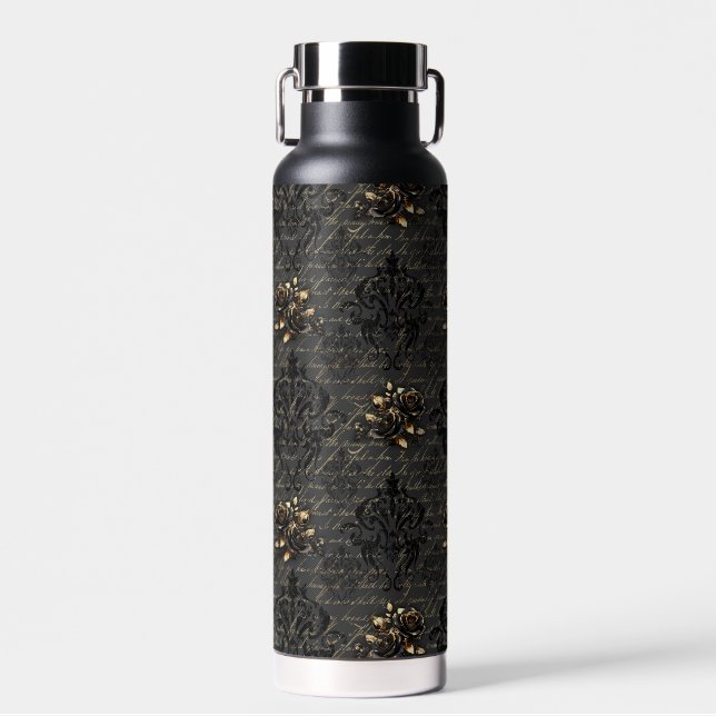 Elegante Rose aus schwarzem Gold Trinkflasche (Vorne)