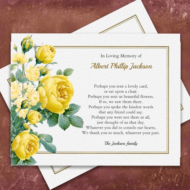 Elegante Rose Beileid Beerdigung Dankeschön Karte (Elegant Yellow Rose Bereavement Memorial Sympathy Funeral Thank You Card)