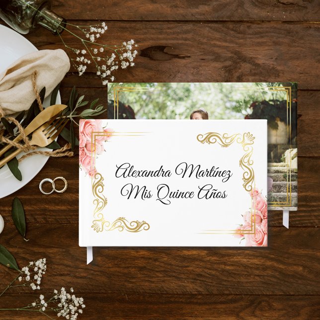 Elegante Rose Bläserweißgoldrahmen Quinceañera Gästebuch (Von Creator hochgeladen)
