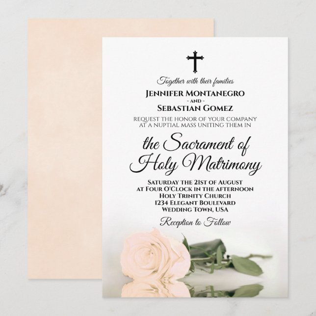 Elegante Rose Blasspeach Moderne katholische Hochz Einladung (Vorne/Hinten)