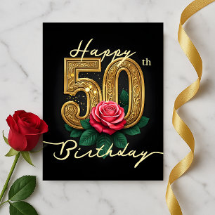 Elegante Rose blüht und Luxus-Gold zum 50. Geburts Postkarte