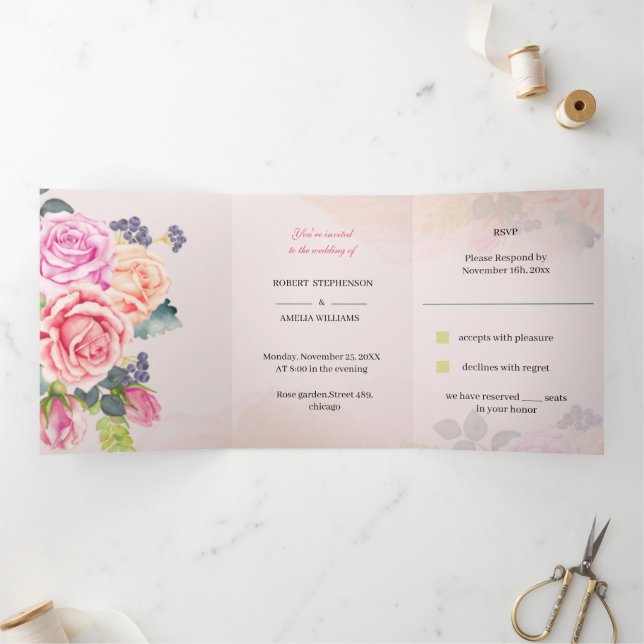 Elegante Rose Blume Custom Wedding Dreifach Gefaltete Einladung (Innenseite)