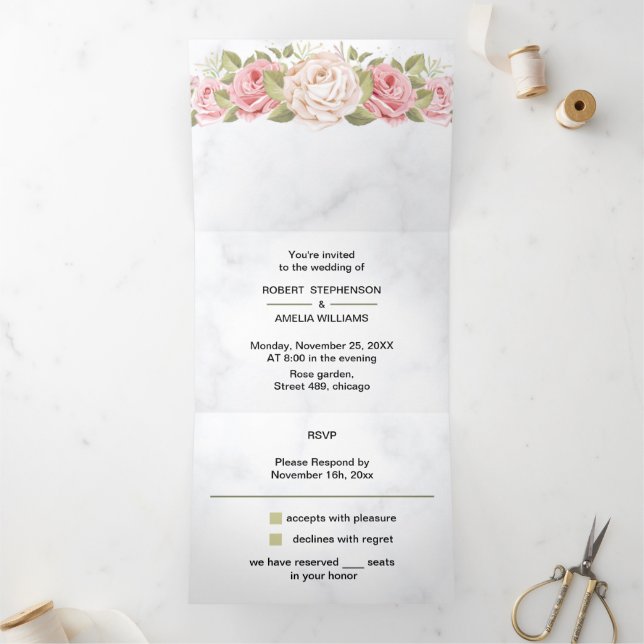 Elegante Rose Blume Personalisiert Hochzeit Dreifach Gefaltete Einladung (Innenseite)
