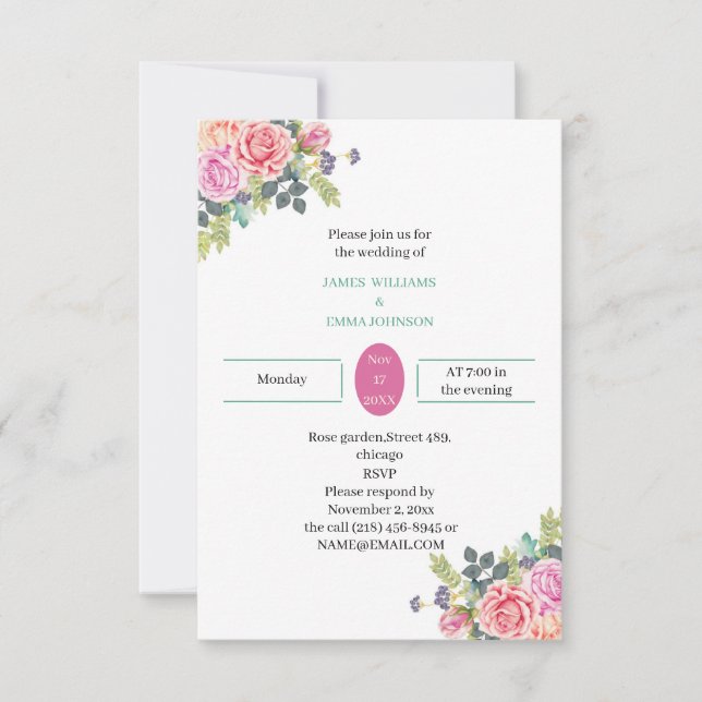 Elegante Rose Blume Personalisiert Hochzeit Einladung (Vorderseite)