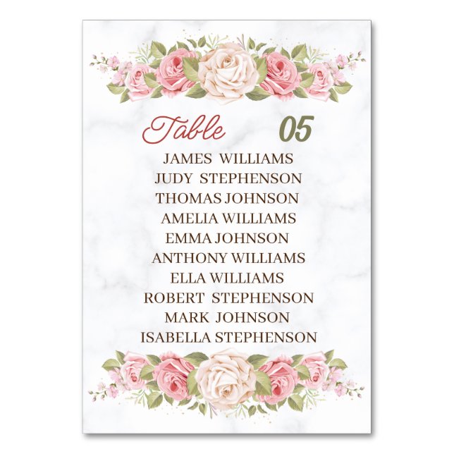 Elegante Rose Blume Personalisiert Hochzeit Tischnummer (Vorderseite)