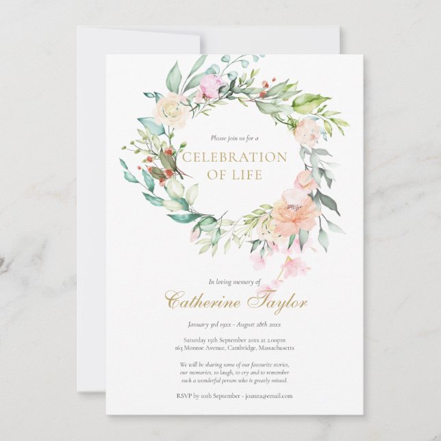 Elegante Rose Blumenfeier zur Beerdigung des Leben Einladung (Vorderseite)