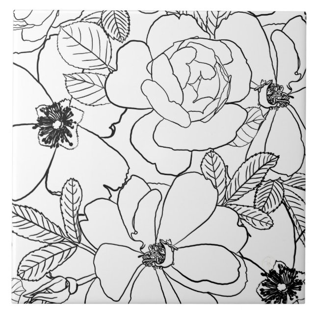 Elegante Rose Blumenlinie Zeichnend Design Fliese (Vorderseite)