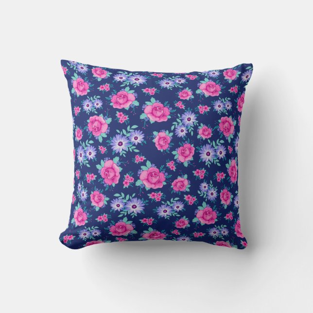 Elegante Rose Blumenrosa Lila blaues Muster Kissen (Vorderseite)