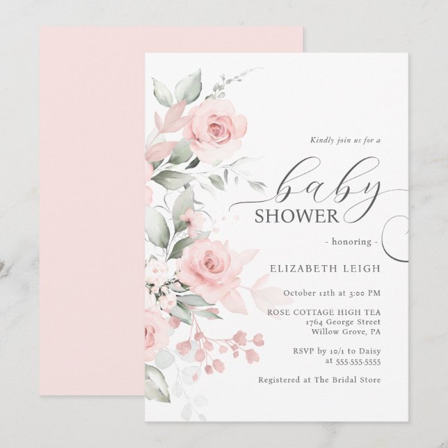 Elegante Rose Blush Pink Babydusche Einladung (Vorne/Hinten)