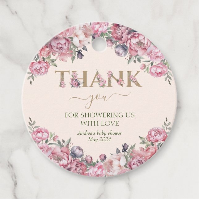 Elegante Rose Blush Pink Gold Baby Dusche Geschenkanhänger (Vorderseite)