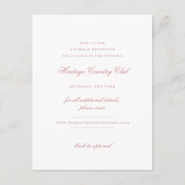 Elegante Rose Blush Script Chic Empfang Hochzeit Begleitkarte (Vorderseite)