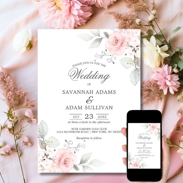 Elegante Rose Blütenrot Rosa Botanisch Einladung (Elegant Floral Blush Rose Pink Botanical Invitation Set | Matching Invitation Suite)