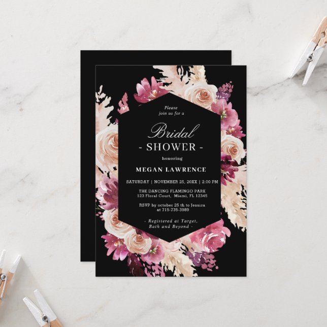 Elegante Rose Boho Brautparty Schwarze Einladung (Vorderseite/Rückseite Beispiel)