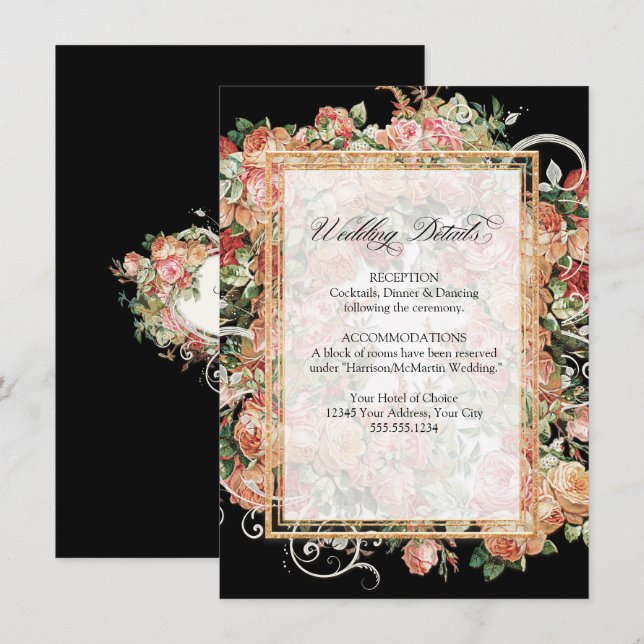 Elegante Rose Bouquet Gold Hochzeiten Details Einladung (Vorne/Hinten)