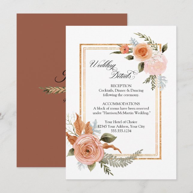 Elegante Rose Bouquet Gold Hochzeiten Details Einladung (Vorne/Hinten)
