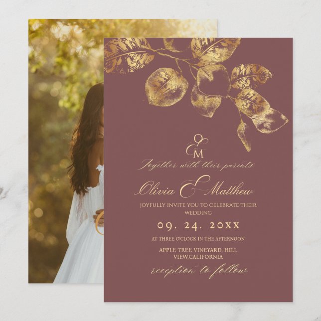 Elegante Rose Brown Pantone Gold Wedding Einladung (Vorne/Hinten)