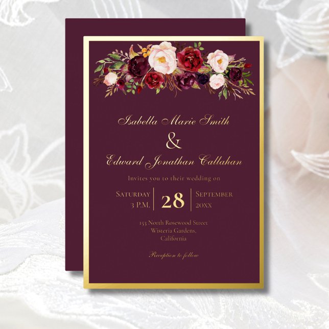 Elegante Rose Burgund & Blush Bouquet Gold Folieneinladung (Von Creator hochgeladen)
