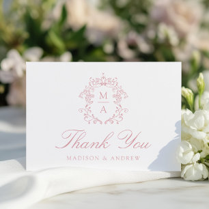 Elegante Rose-Chinoiserie-Monogramm-Wappen-Hochzei Dankeskarte