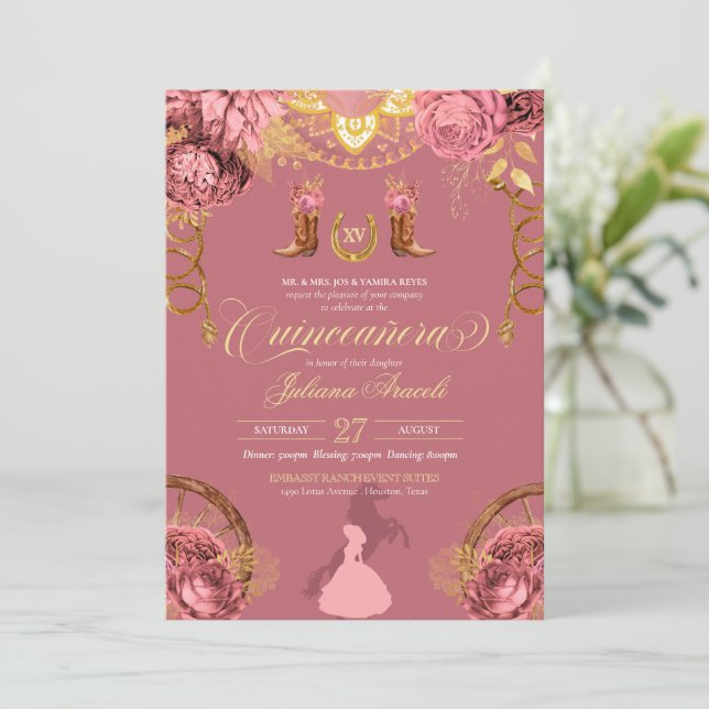 Elegante Rose Dusty Pink Charro Quinceanera Einladung (Stehend Vorderseite)