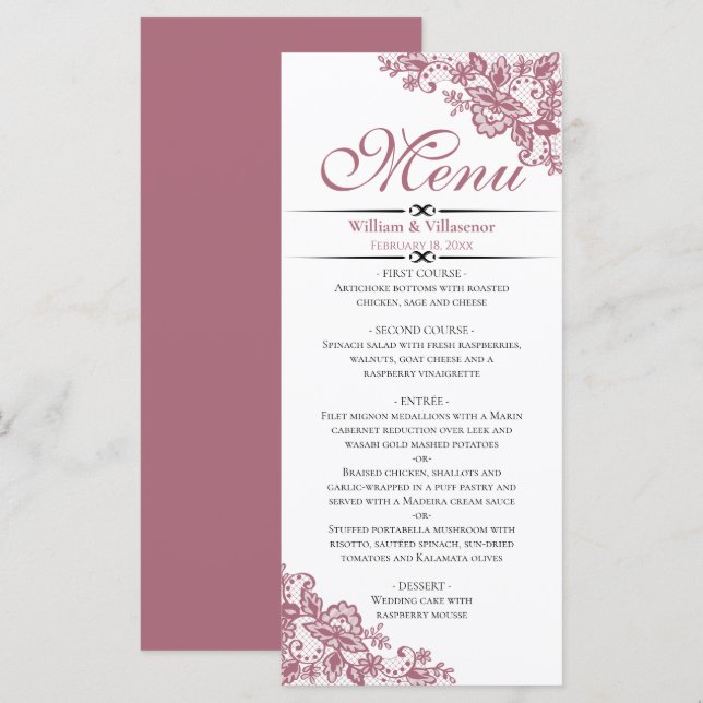 Elégante Rose Dusty sur le menu de mariage blanc (Devant / Derrière)