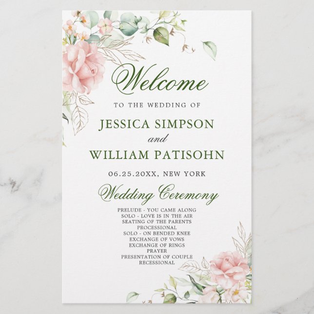Elegante Rose Eukalyptus Wedding Zeremony Program (Vorderseite)