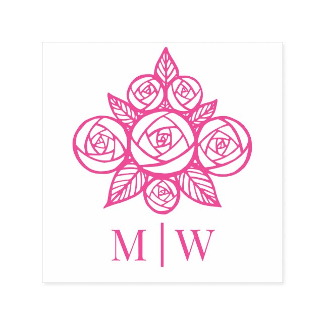 Elegante Rose Floral Bouquet Couple Initials Permastempel (Design)